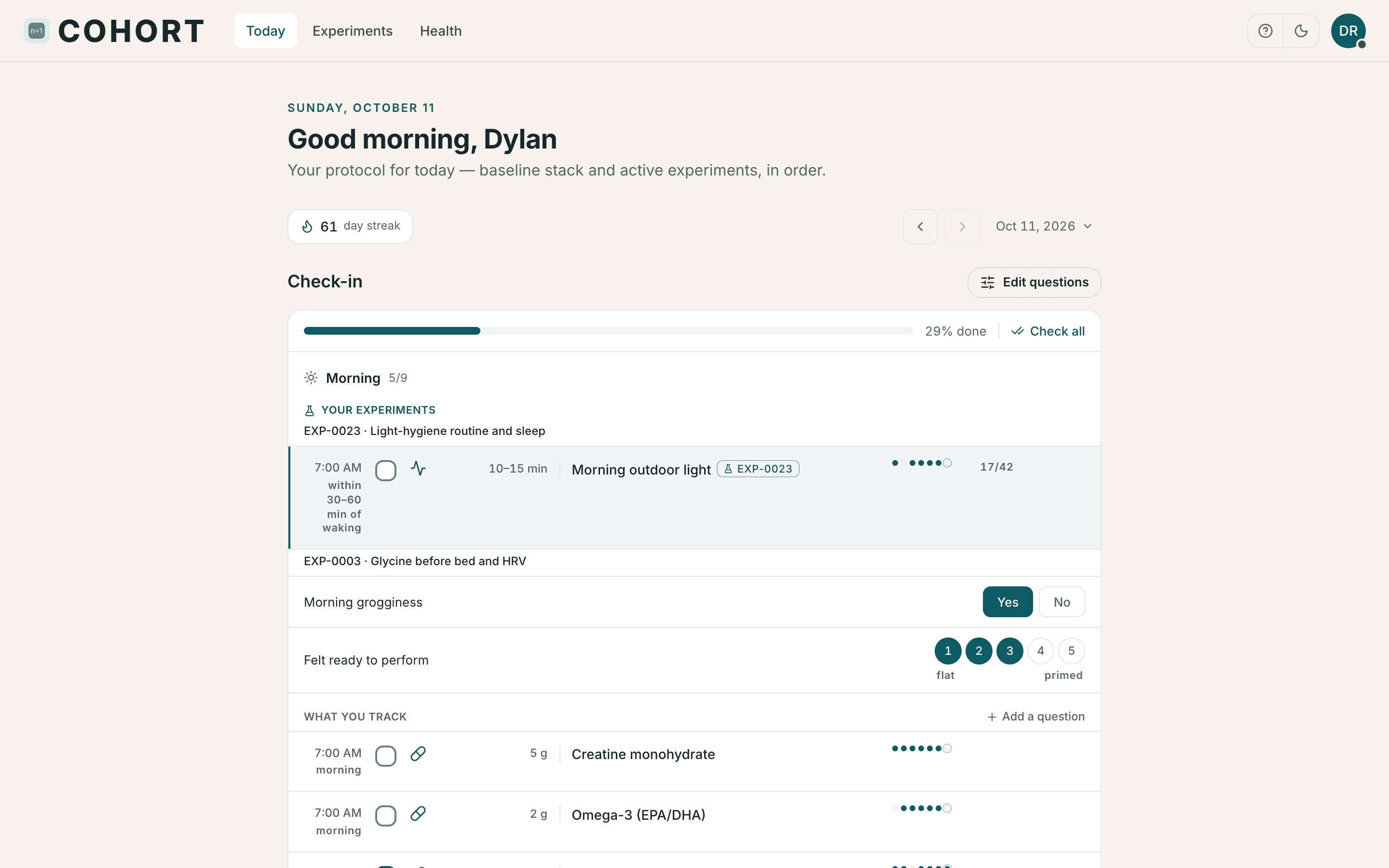 Today screen — the daily protocol checklist with adherence and a running streak.
